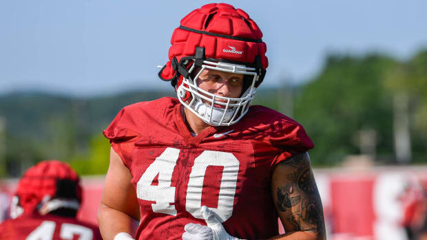 Razorbacks defensive lineman Landon Jackson during Friday morning's practice on the outdoor fields
